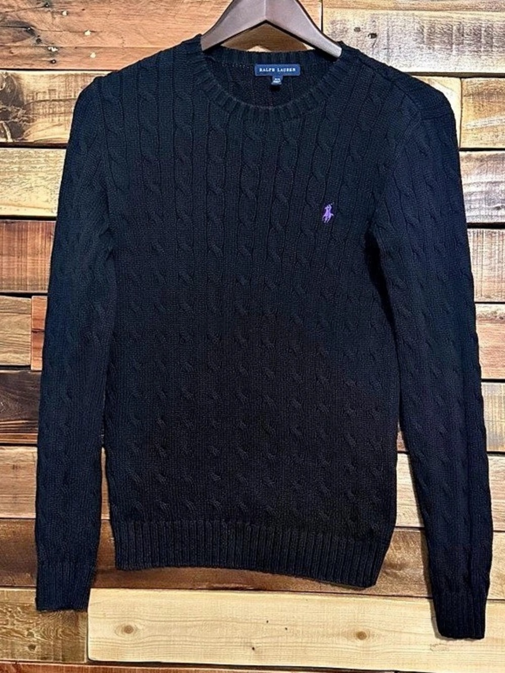 Ralph Lauren Black 100% Cotton Cable Knit Crewneck Sweater M Purple Pony EUC